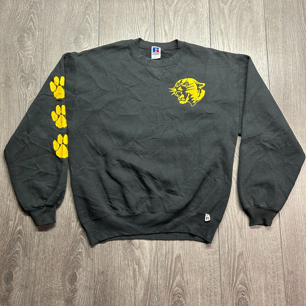 Vintage Russell Athletic Large Panther Paw Print Sweatshirt Black Yellow Mens